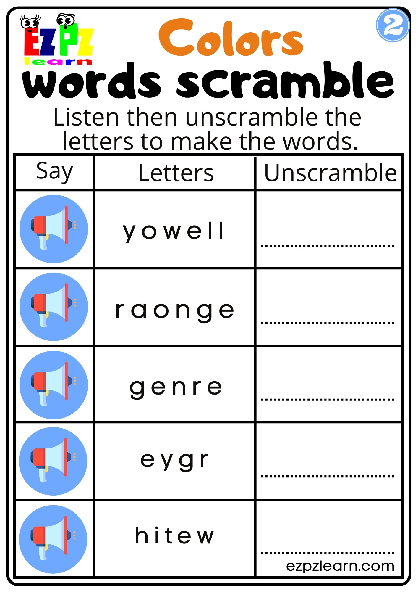 Interactive Colors Worksheet Listen, Unscramble and Write Activity for